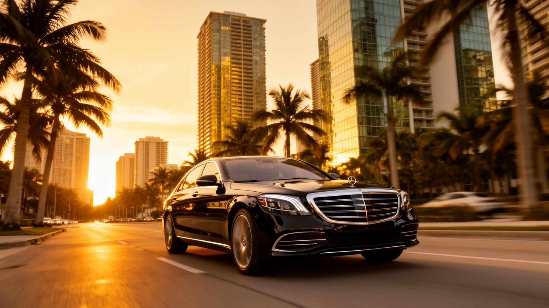 Luxury vehicle driving through Miami Brickell at sunset